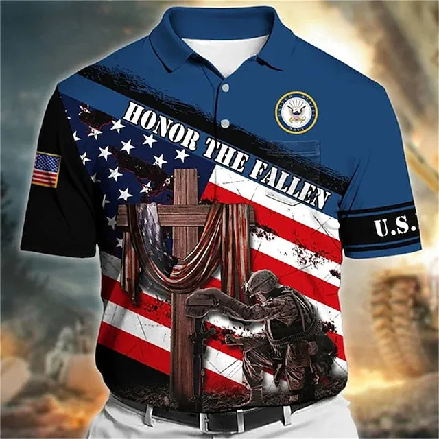 American Soldier Flag Graphic Polo Shirt for Men - Patriotic Golf Apparel