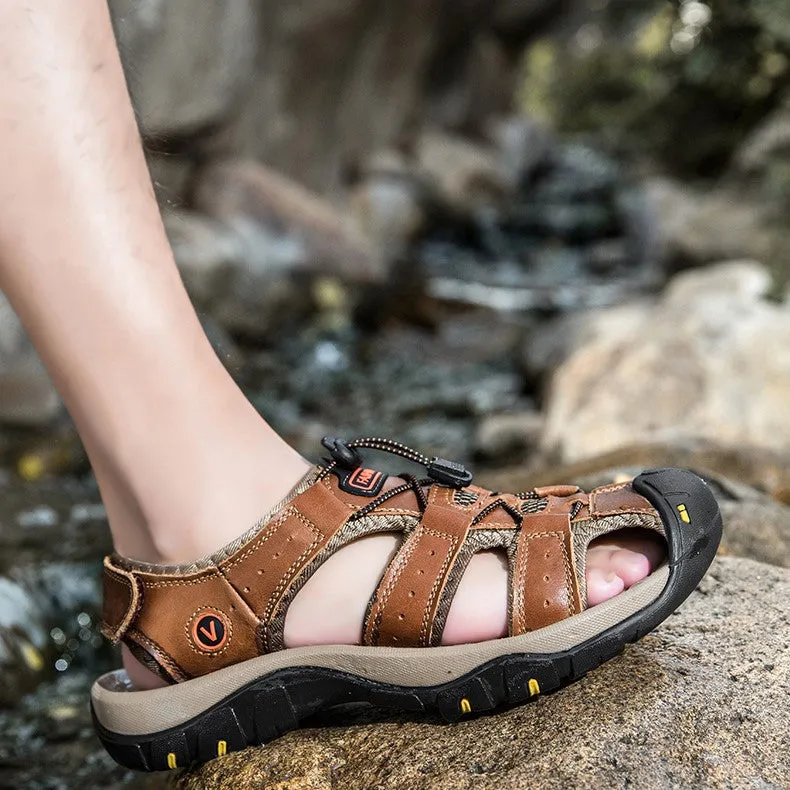 Bootara Men’s Summer Sandals Genuine Leather Beach Shoes with MD Midsole and Handcrafted Non Slip Slip Ons