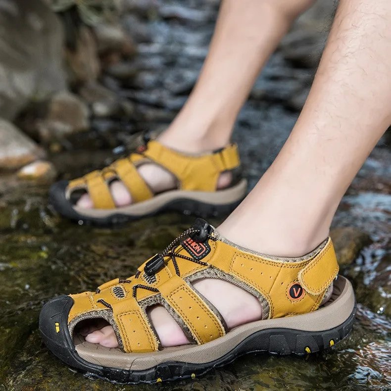 Bootara Men’s Summer Sandals Genuine Leather Beach Shoes with MD Midsole and Handcrafted Non Slip Slip Ons