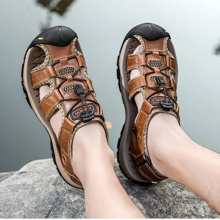 Bootara Men’s Summer Sandals Genuine Leather Beach Shoes with MD Midsole and Handcrafted Non Slip Slip Ons