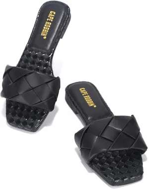 Cape Robbin Deja Woven Mules Slip On Flat Slides Sandals Black (8, Black)