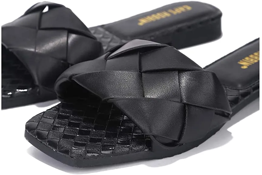 Cape Robbin Deja Woven Mules Slip On Flat Slides Sandals Black (8, Black)