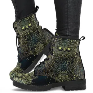 Combat Boots for Women - Owl Boots, Aesthetic Mandala Custom Shoes, Cute 90s Winter Boots, Vegan Leather