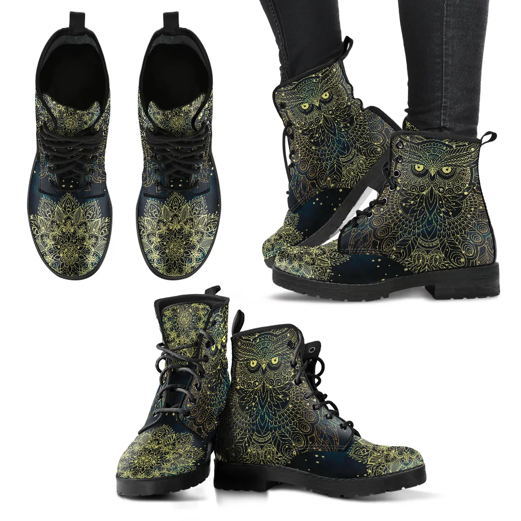 Combat Boots for Women - Owl Boots, Aesthetic Mandala Custom Shoes, Cute 90s Winter Boots, Vegan Leather