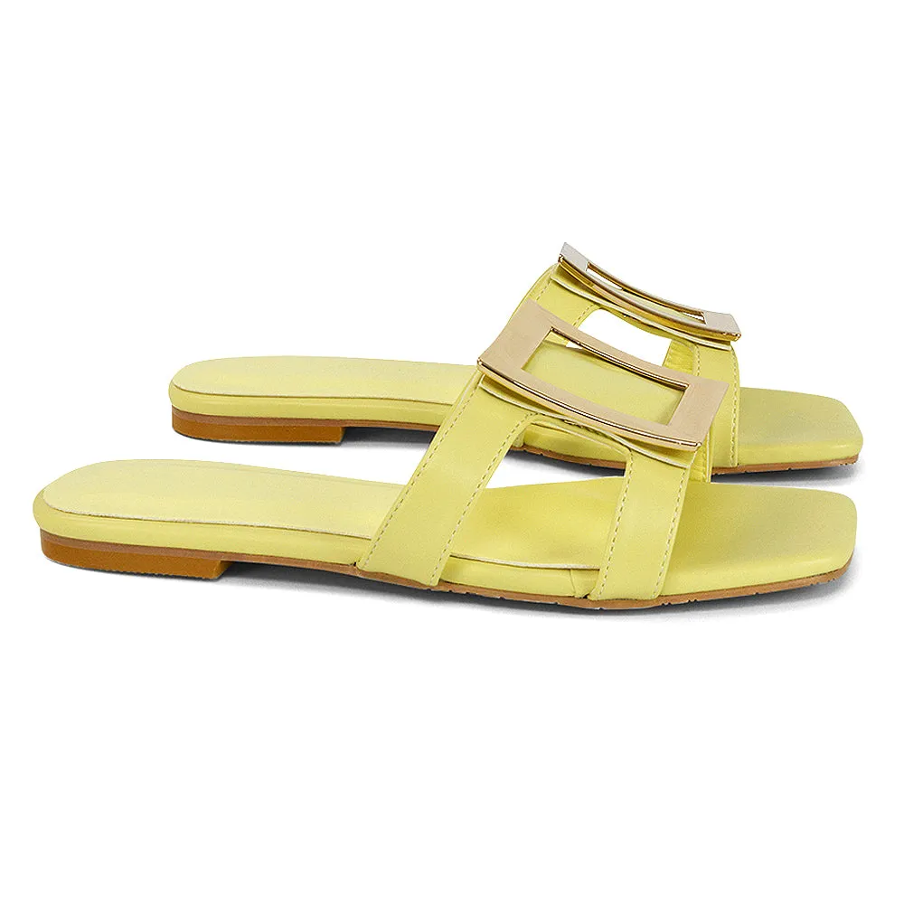 Dulce Cut Out Buckle Detail Strappy Square Toe Flat Slip on Sandal in Black