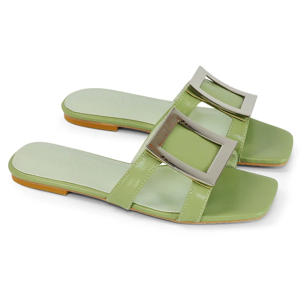 Dulce Cut Out Buckle Detail Strappy Square Toe Flat Slip on Sandal in Black