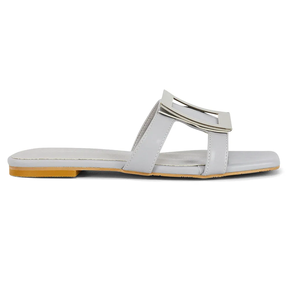 Dulce Cut Out Buckle Detail Strappy Square Toe Flat Slip on Sandal in Black