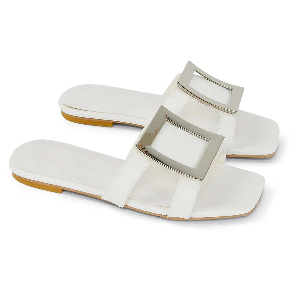 Dulce Cut Out Buckle Detail Strappy Square Toe Flat Slip on Sandal in Black