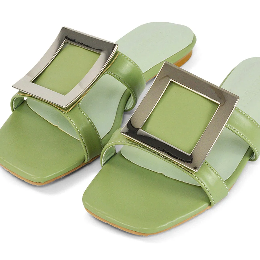 Dulce Cut Out Buckle Detail Strappy Square Toe Flat Slip on Sandal in Black