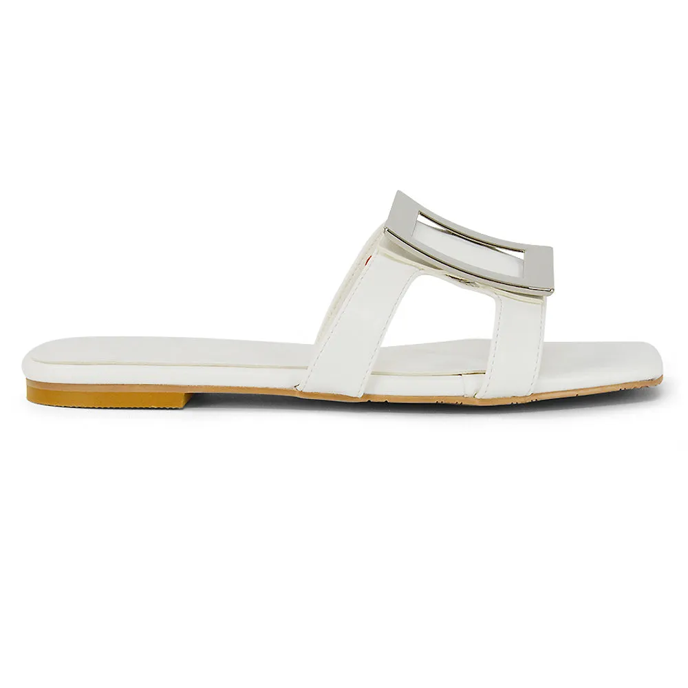 Dulce Cut Out Buckle Detail Strappy Square Toe Flat Slip on Sandal in Black