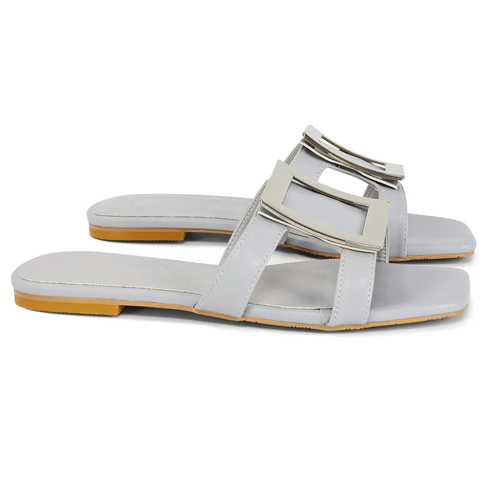 Dulce Cut Out Buckle Detail Strappy Square Toe Flat Slip on Sandal in Black
