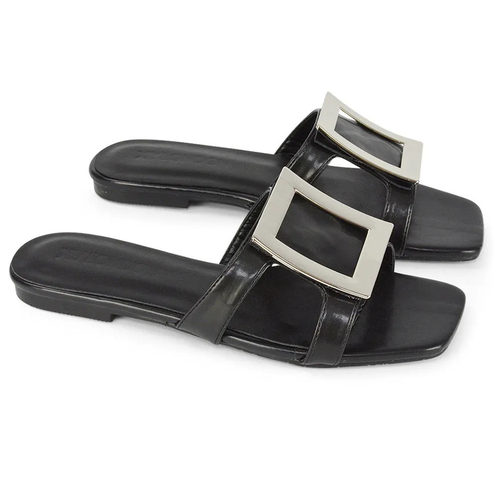 Dulce Cut Out Buckle Detail Strappy Square Toe Flat Slip on Sandal in Black