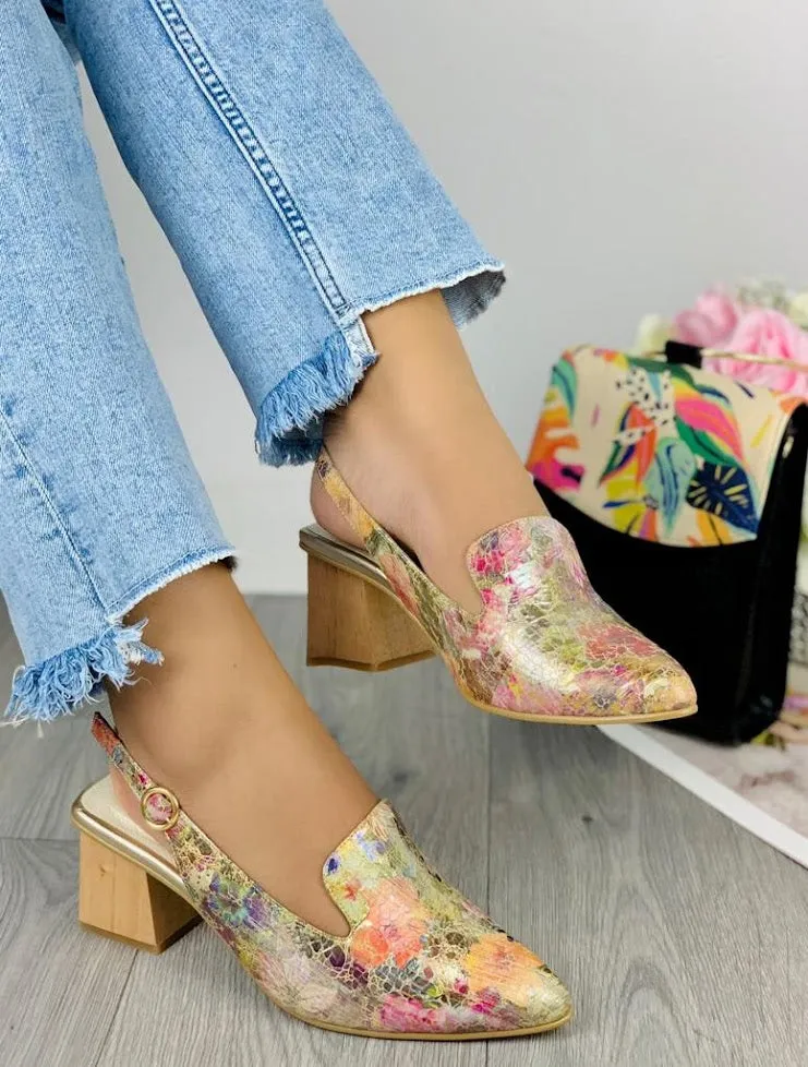 Floral Printed Faux Leather Slip-On Pumps