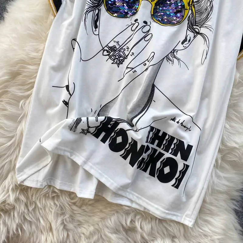 Ghost Horse Girl Character Print Sequined Glasses Summer Top