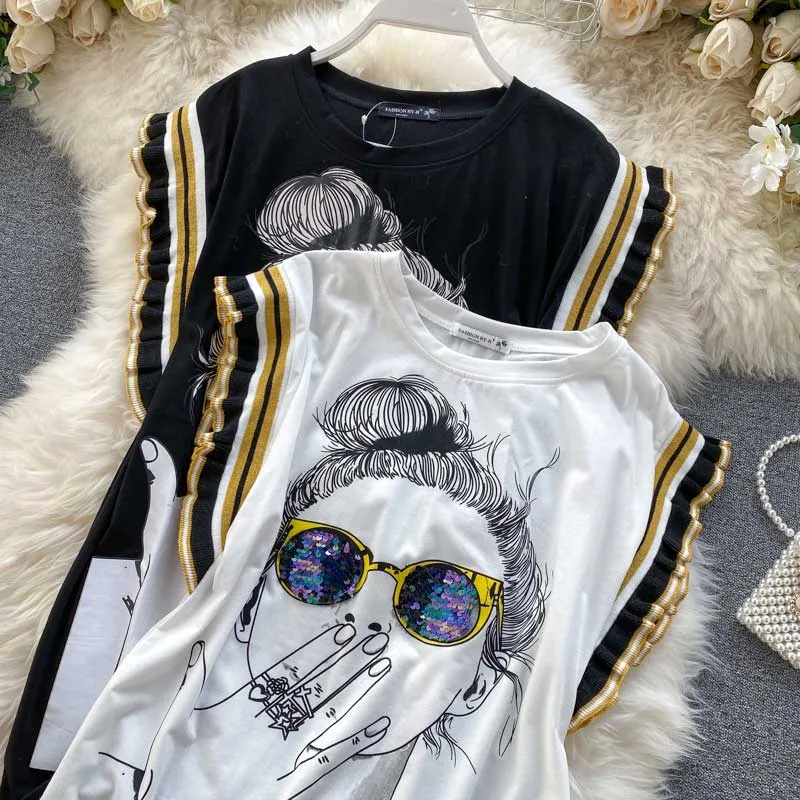 Ghost Horse Girl Character Print Sequined Glasses Summer Top