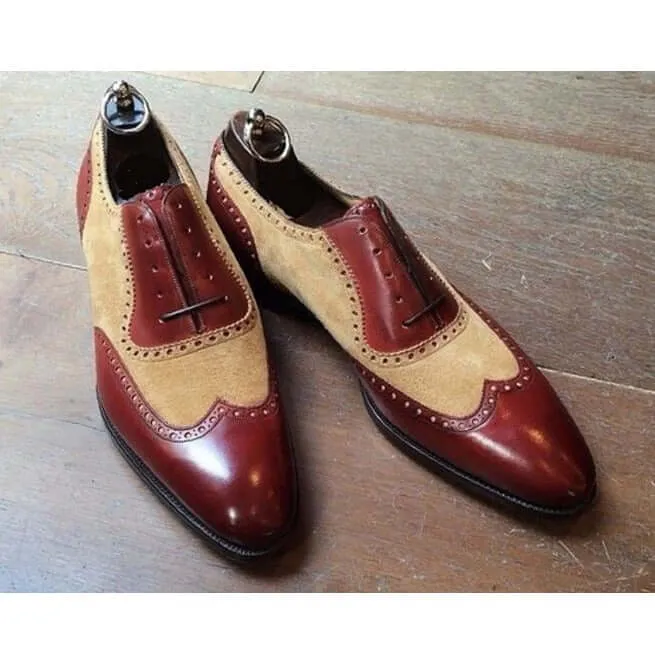 Handmade Men's Two Tone Leather Formal Shoes, Beige And Brown Dress Shoes