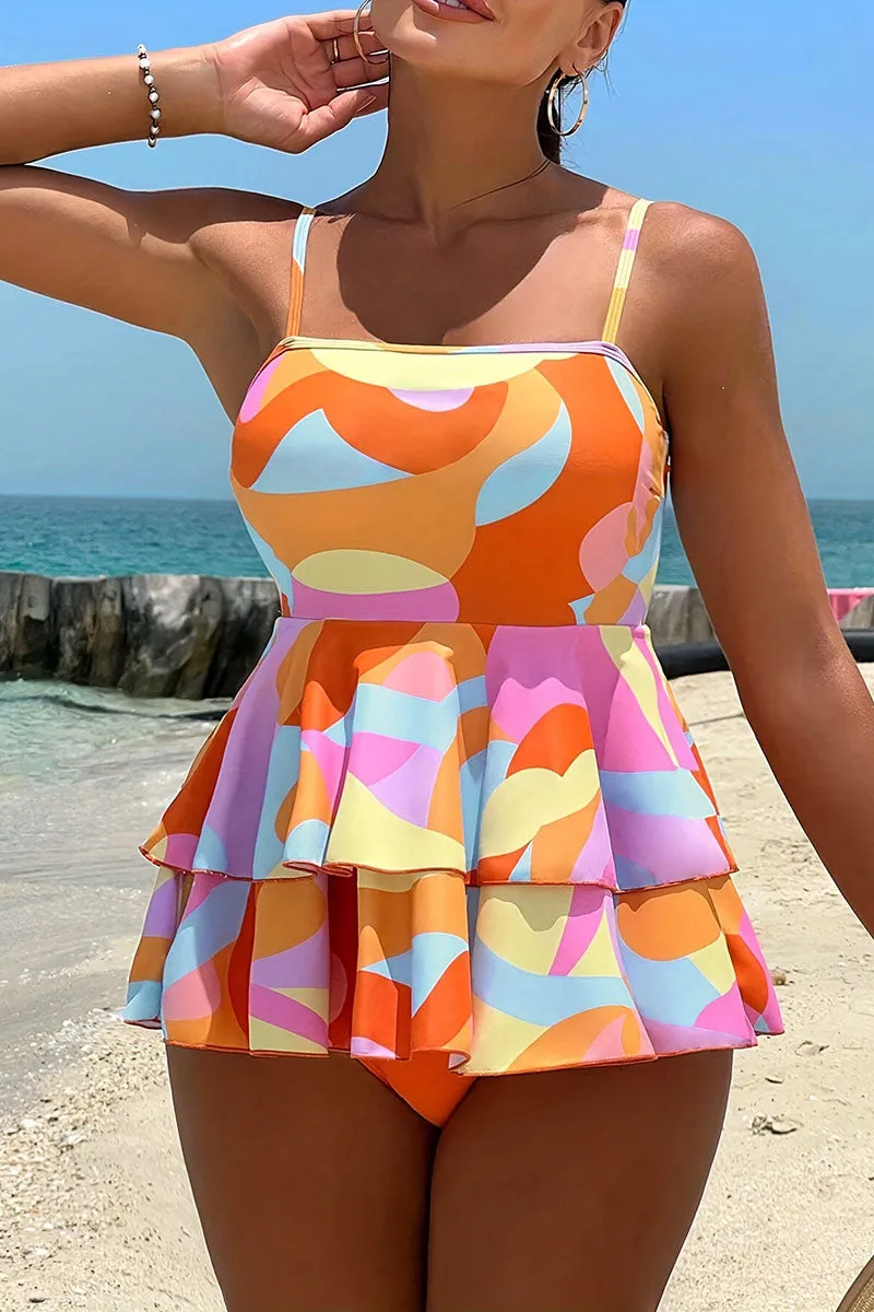 Multicolor Graphic Print Cute Tiered Ruffles Tankini