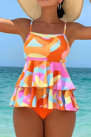 Multicolor Graphic Print Cute Tiered Ruffles Tankini