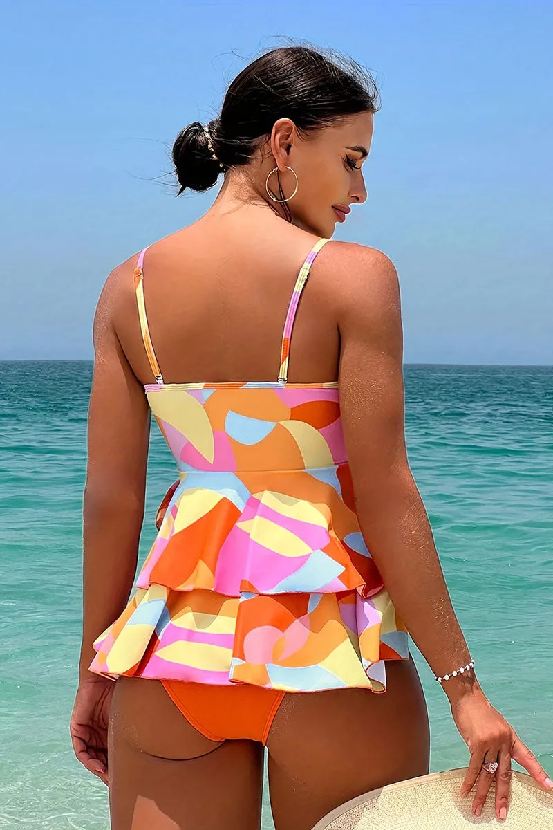 Multicolor Graphic Print Cute Tiered Ruffles Tankini
