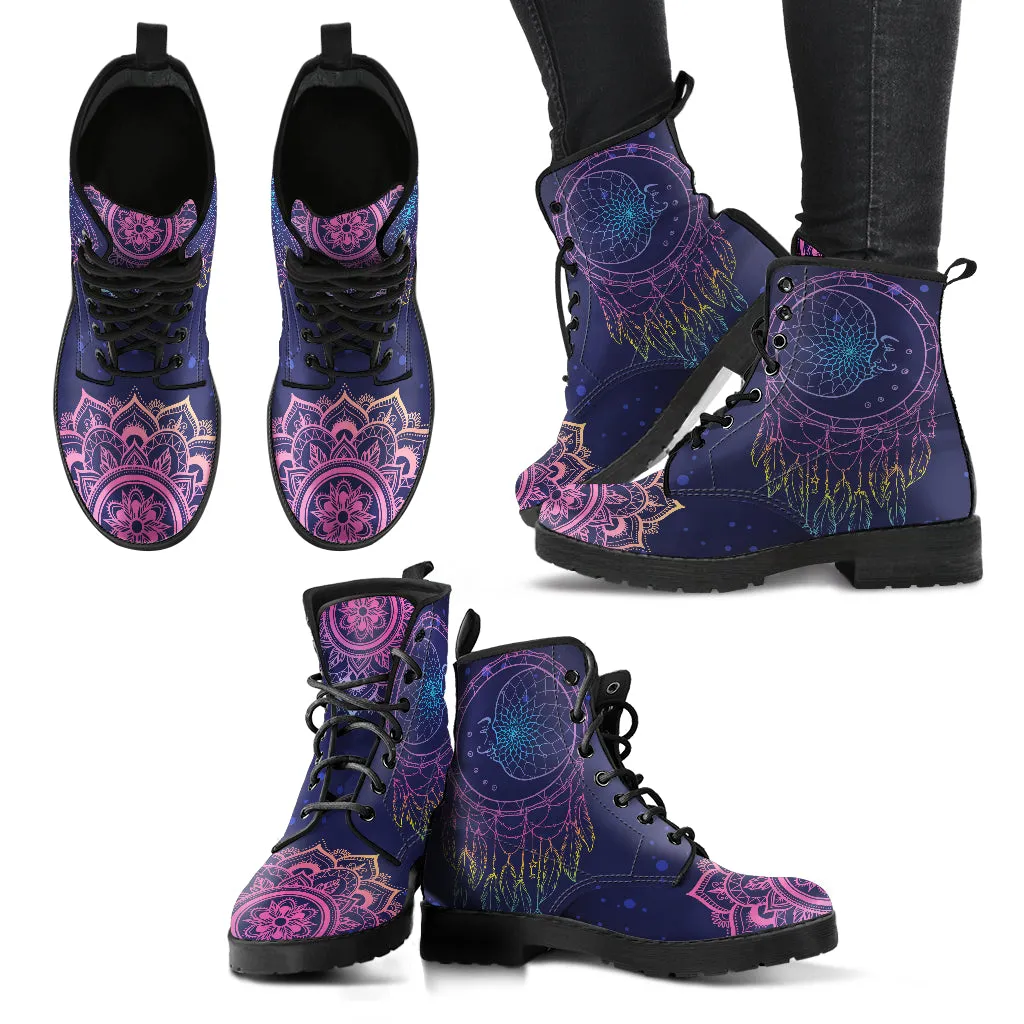 Purple Boots for Women - Moon Dream Catcher Manadala - Aesthetic Custom Shoes, Cute 90s Winter Boots, Winter Vegan Leather