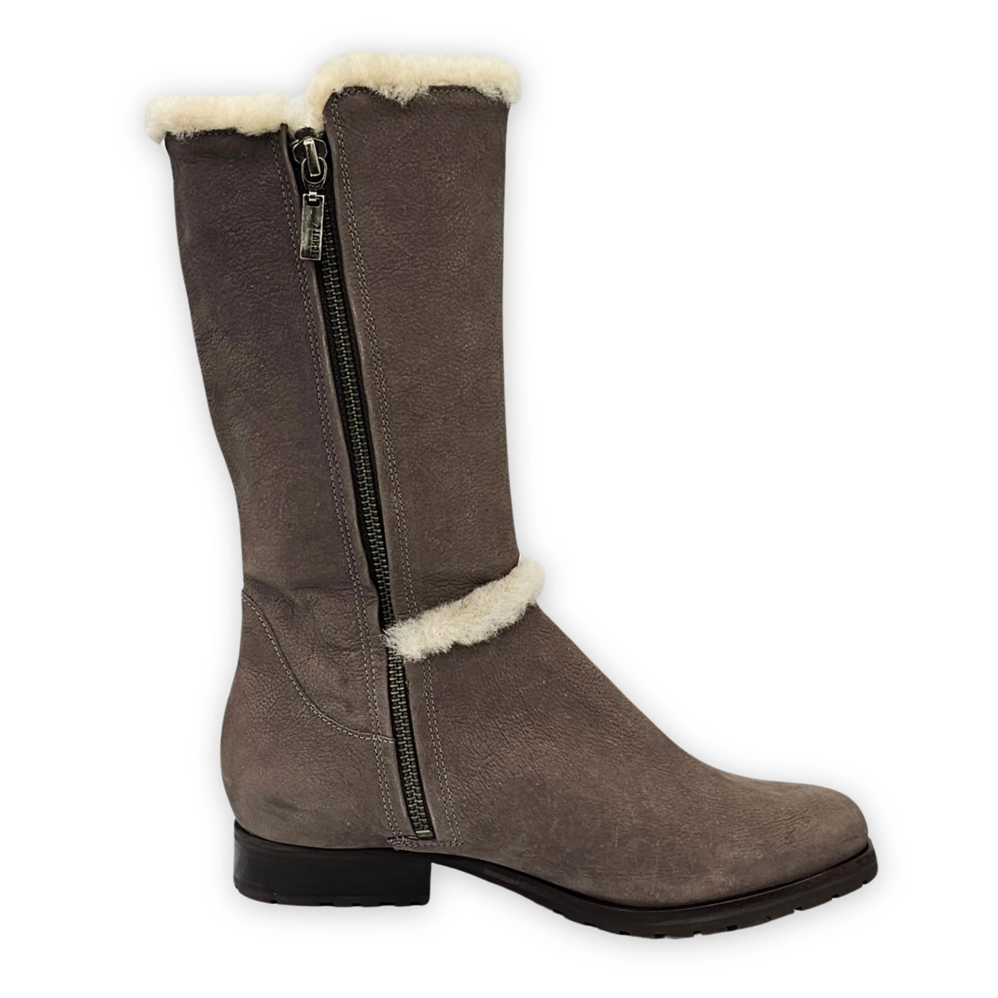 Schutz Grettaa Neutral Gray Fashion Pull On Suede Rouned Toe Fur Knee Boots