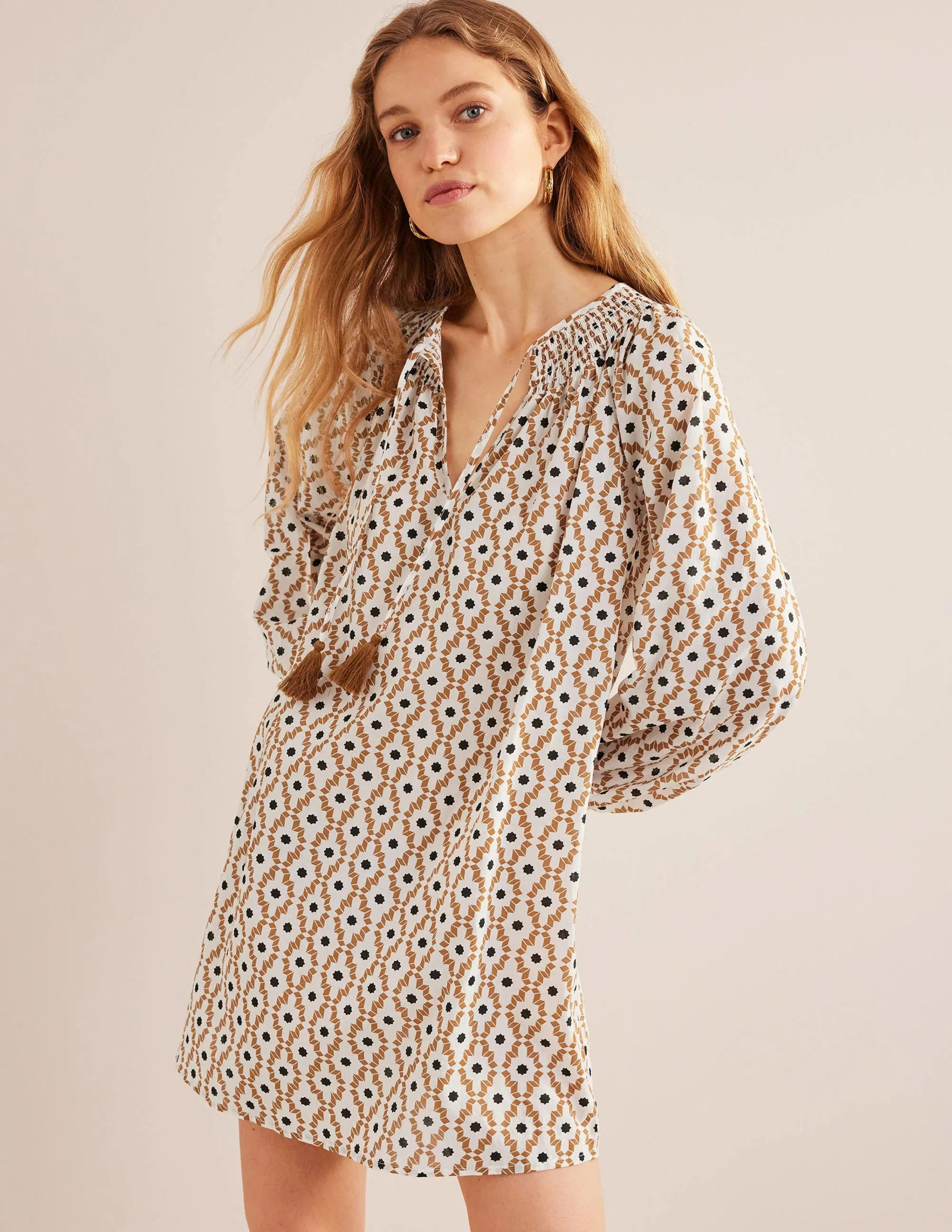 Smocked Neck Beach Kaftan-Cashew, Geo Trance