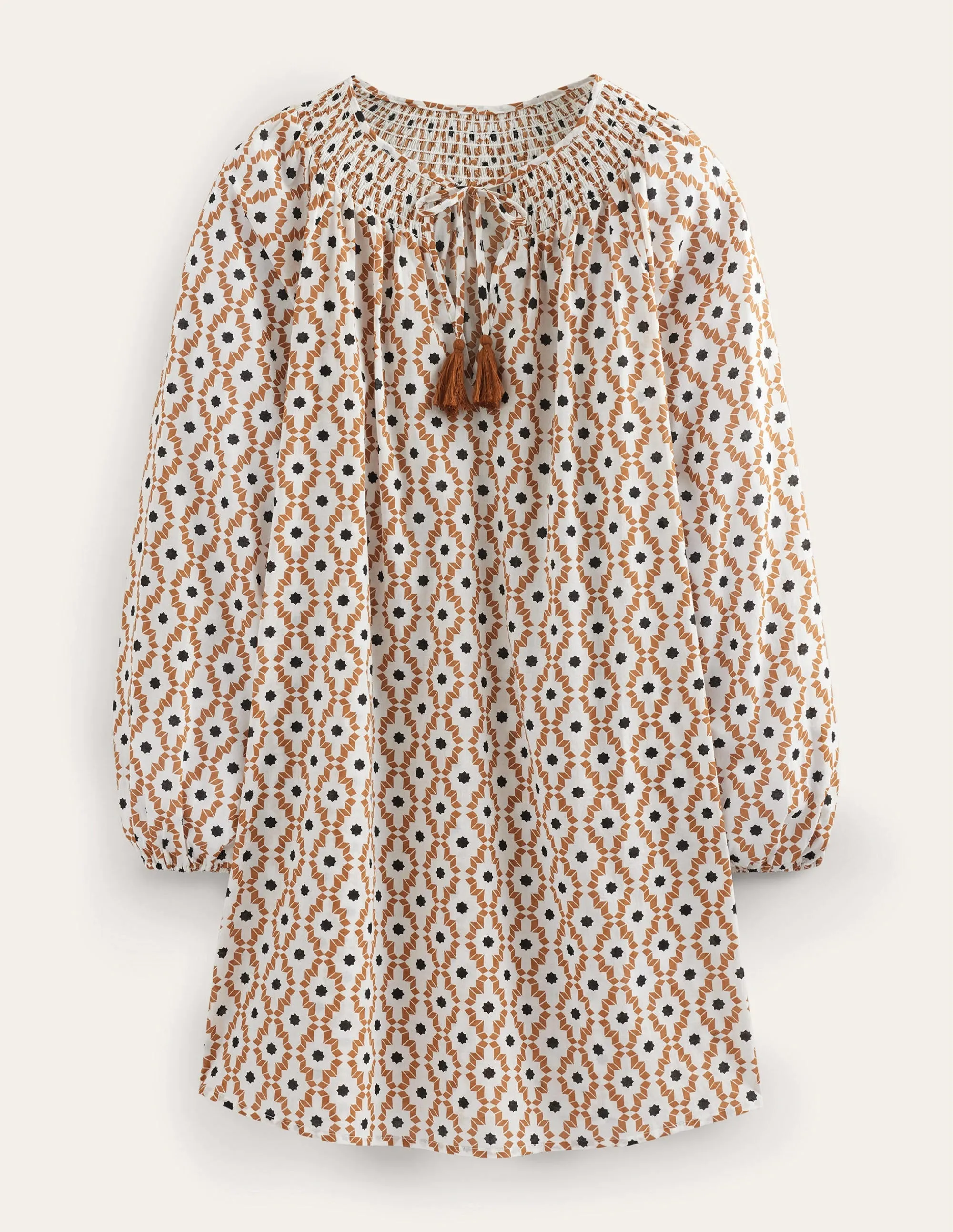 Smocked Neck Beach Kaftan-Cashew, Geo Trance