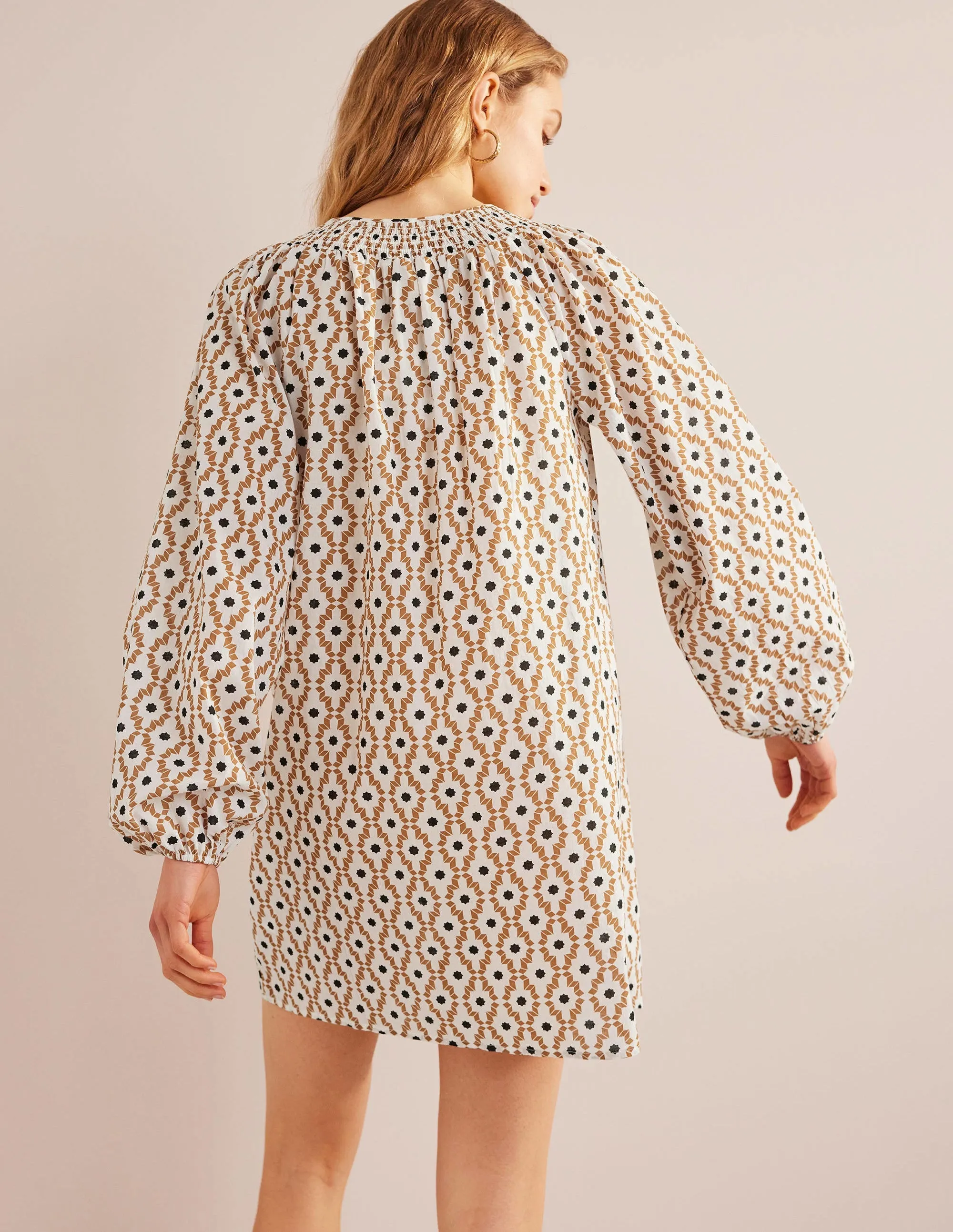 Smocked Neck Beach Kaftan-Cashew, Geo Trance