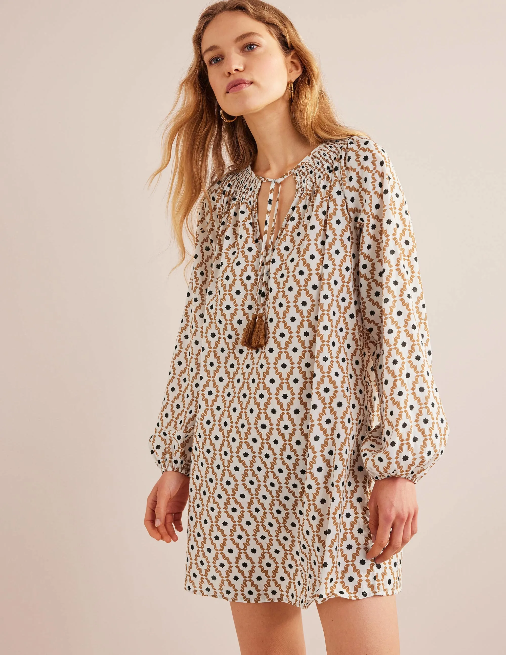 Smocked Neck Beach Kaftan-Cashew, Geo Trance