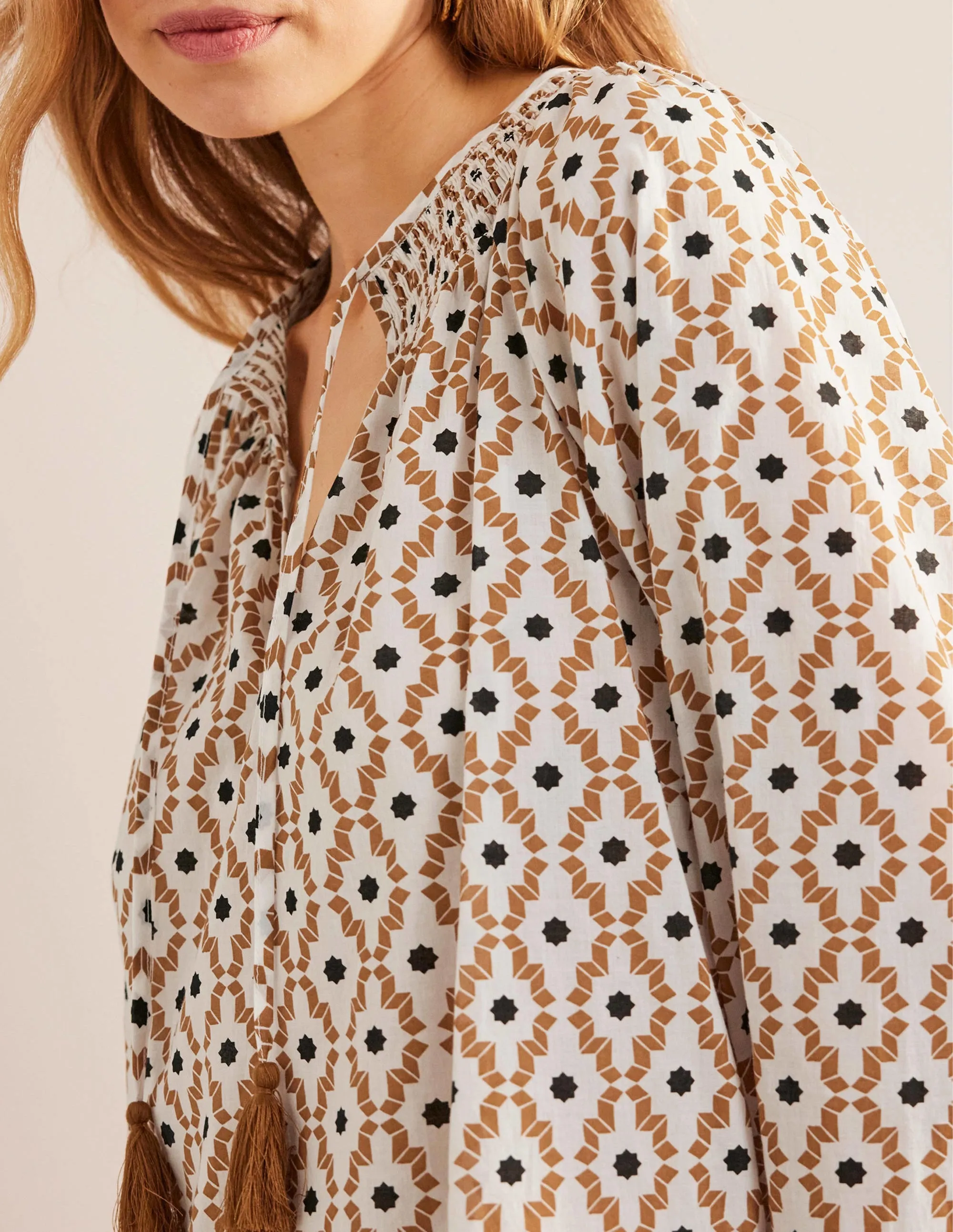 Smocked Neck Beach Kaftan-Cashew, Geo Trance