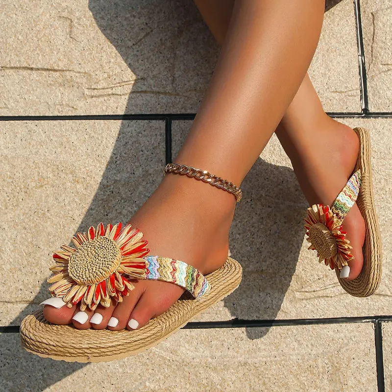 Summer ethnic flower flip flops flat beach slides