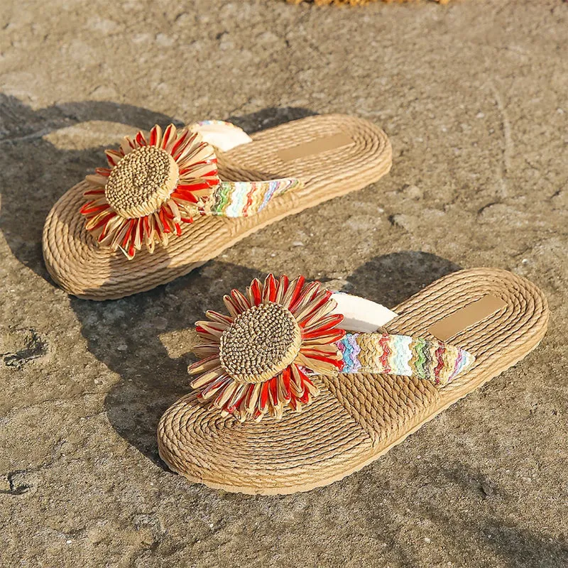 Summer ethnic flower flip flops flat beach slides