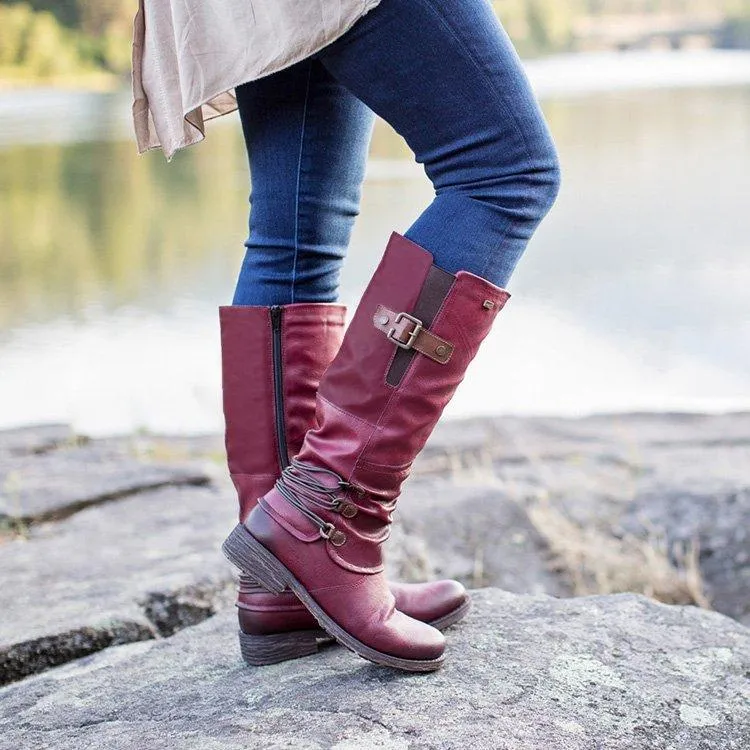 Women Elastic Calf Studded Buckle Strap Square Heel Chunky Platform New Fashion Winter Snow Boots
