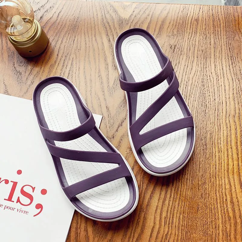 Women summer beach peep toe hollow breathable slide flat sandals