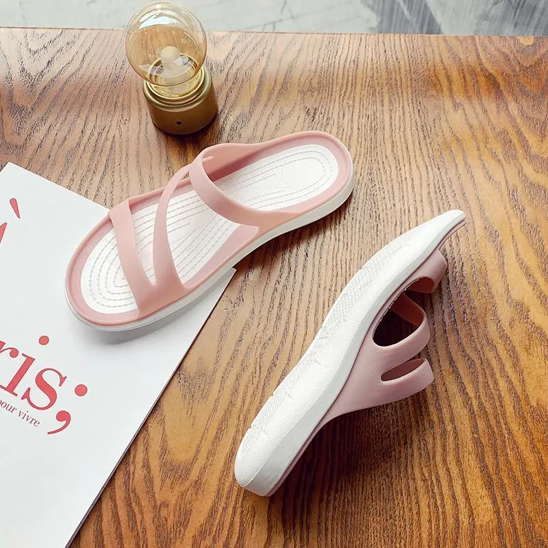 Women summer beach peep toe hollow breathable slide flat sandals