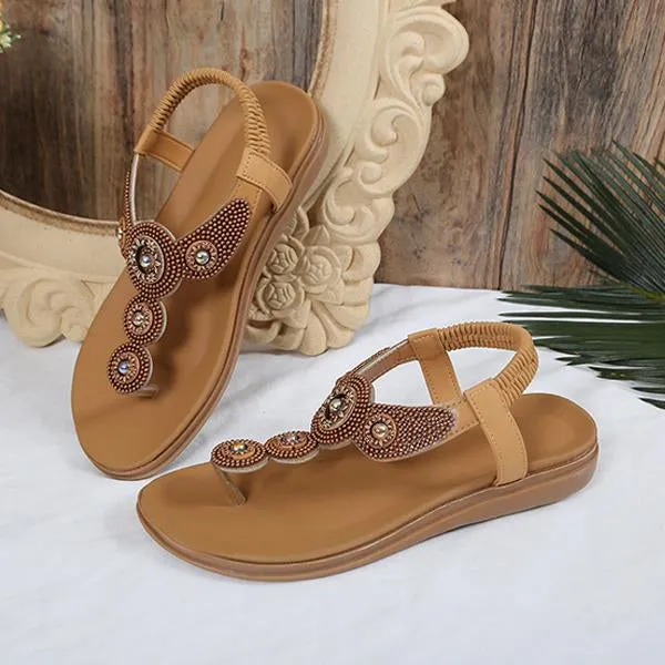 Women's Bohemian Rhinestone Elastic Strap Flat Sandals 36261585S