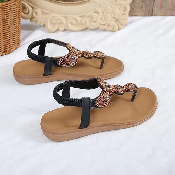 Women's Bohemian Rhinestone Elastic Strap Flat Sandals 36261585S