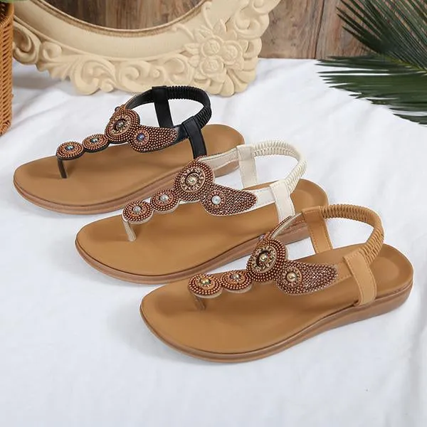 Women's Bohemian Rhinestone Elastic Strap Flat Sandals 36261585S