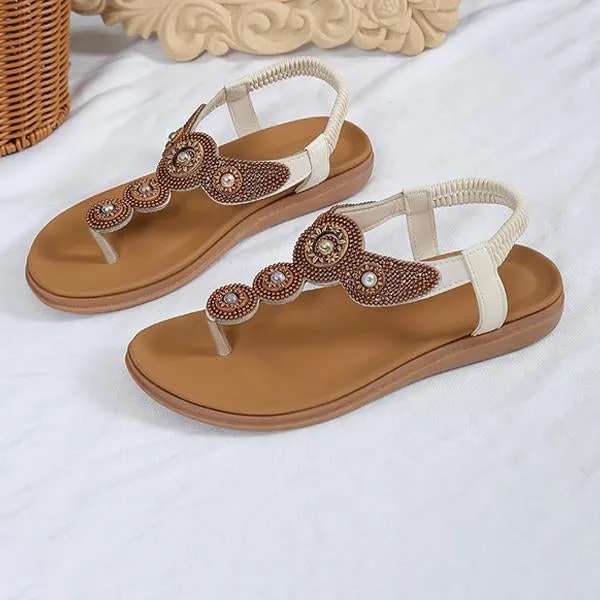 Women's Bohemian Rhinestone Elastic Strap Flat Sandals 36261585S