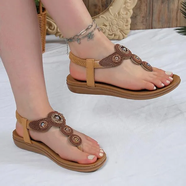 Women's Bohemian Rhinestone Elastic Strap Flat Sandals 36261585S