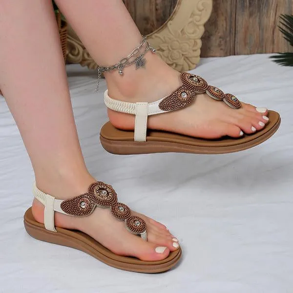 Women's Bohemian Rhinestone Elastic Strap Flat Sandals 36261585S
