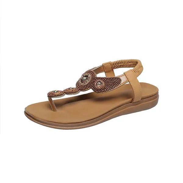 Women's Bohemian Rhinestone Elastic Strap Flat Sandals 36261585S
